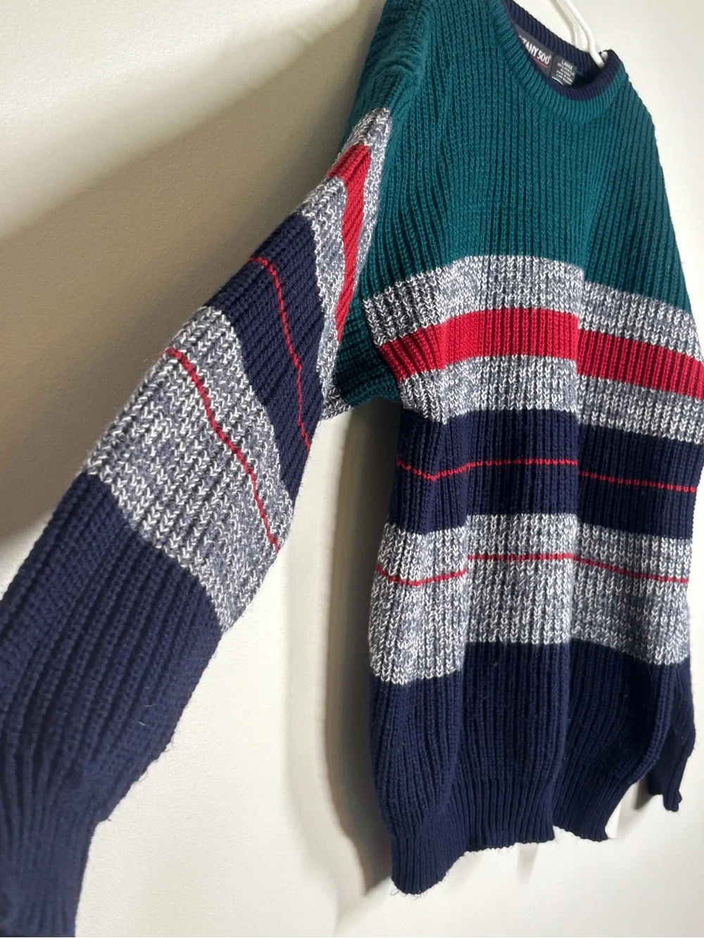 Botany 500 Men’s Teal, Navy & Red Striped Crewneck Sweater